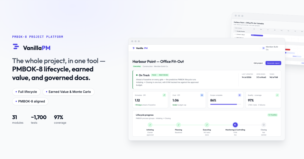 Preview image from VanillaPM — the all-in-one PMBOK-8 project management platform