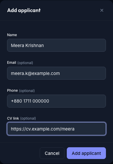 The Add applicant form — name (required) plus optional email, phone, and a CV link; the applicant enters the pipeline at the Applied stage