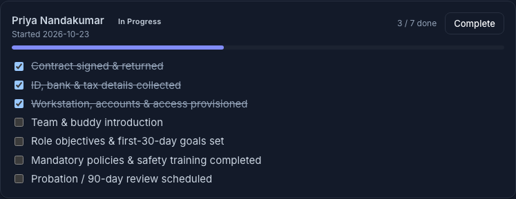 An in-progress onboarding case — the arc checklist with checkboxes and a progress bar (3 / 7 done); ticked items strike through, so what's left is obvious
