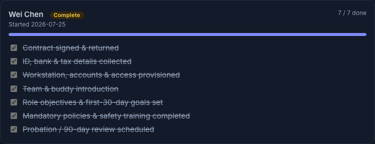 A completed onboarding case — every item ticked (7 / 7), the case marked Complete; completing it moves the employee to Active on the lifecycle timeline