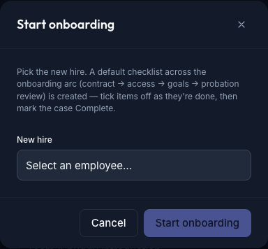 The Start onboarding dialog — pick the new hire; a default checklist across the arc (contract → access → goals → probation review) is created, and the employee moves to the Onboarding state
