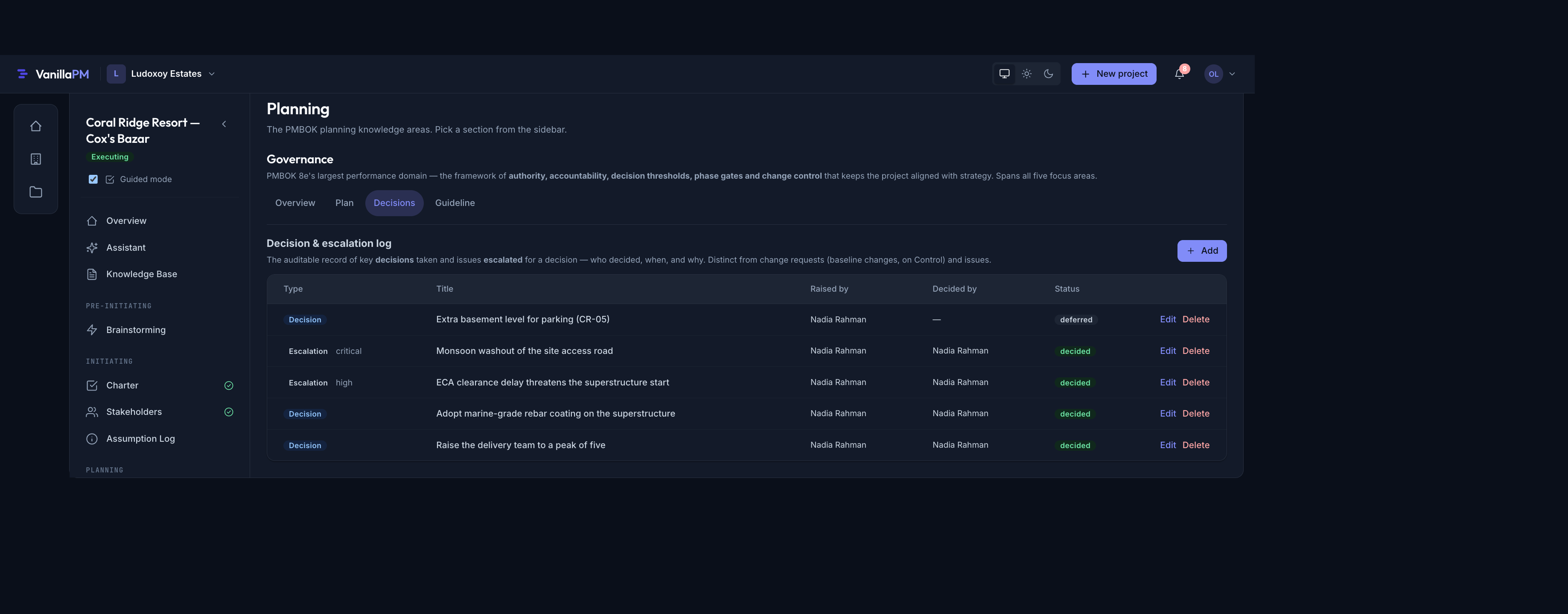 Decision & Escalation log